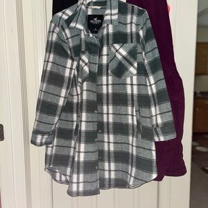 Hollister Dark Green and White Checkered Button-Up Shirt